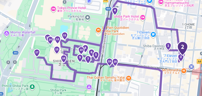 A map of Shiba Park with temple-related things marked on it. 16 things just in the park itself!