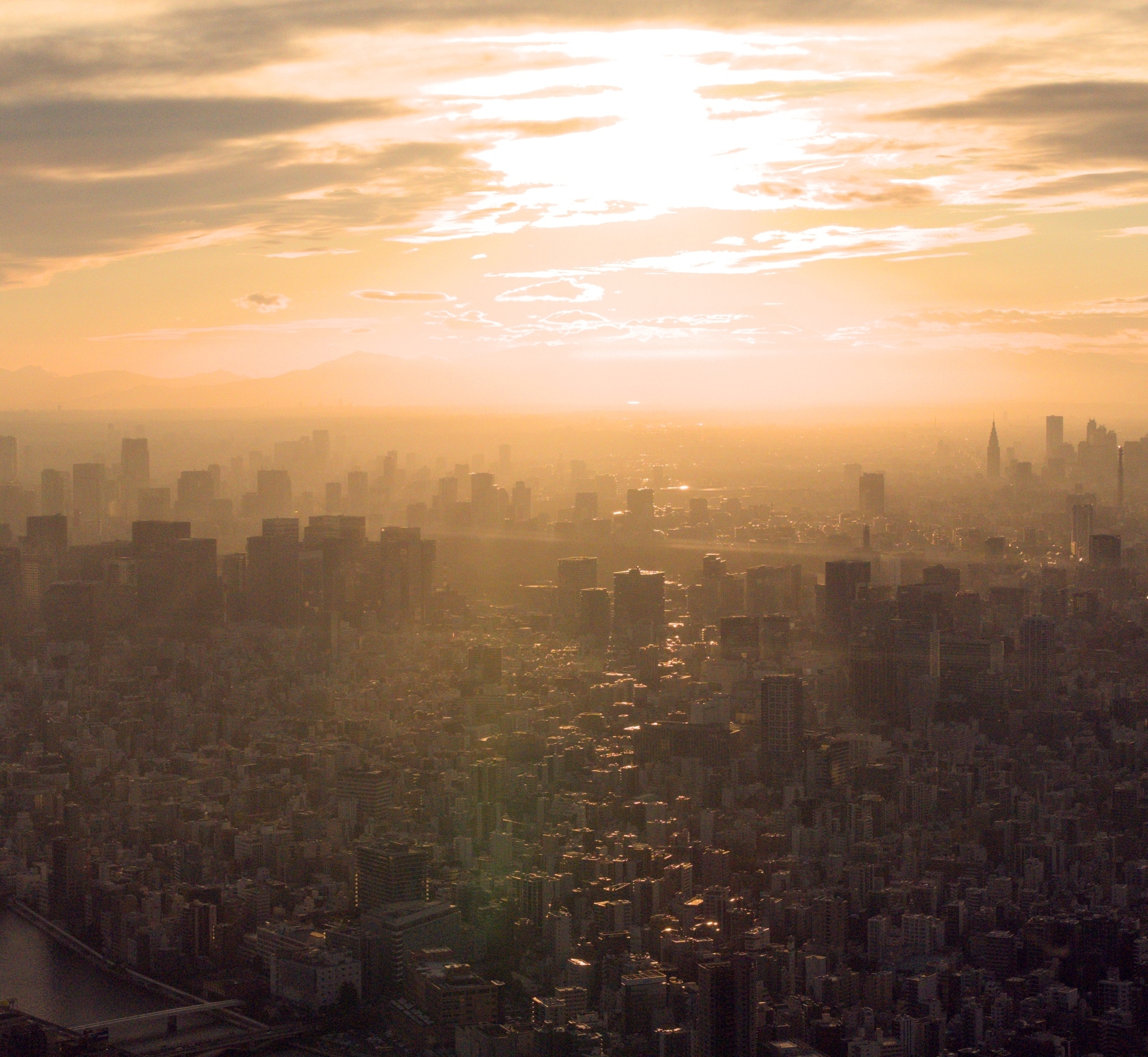 A photo of a city skyline, with the sun glaring at us.