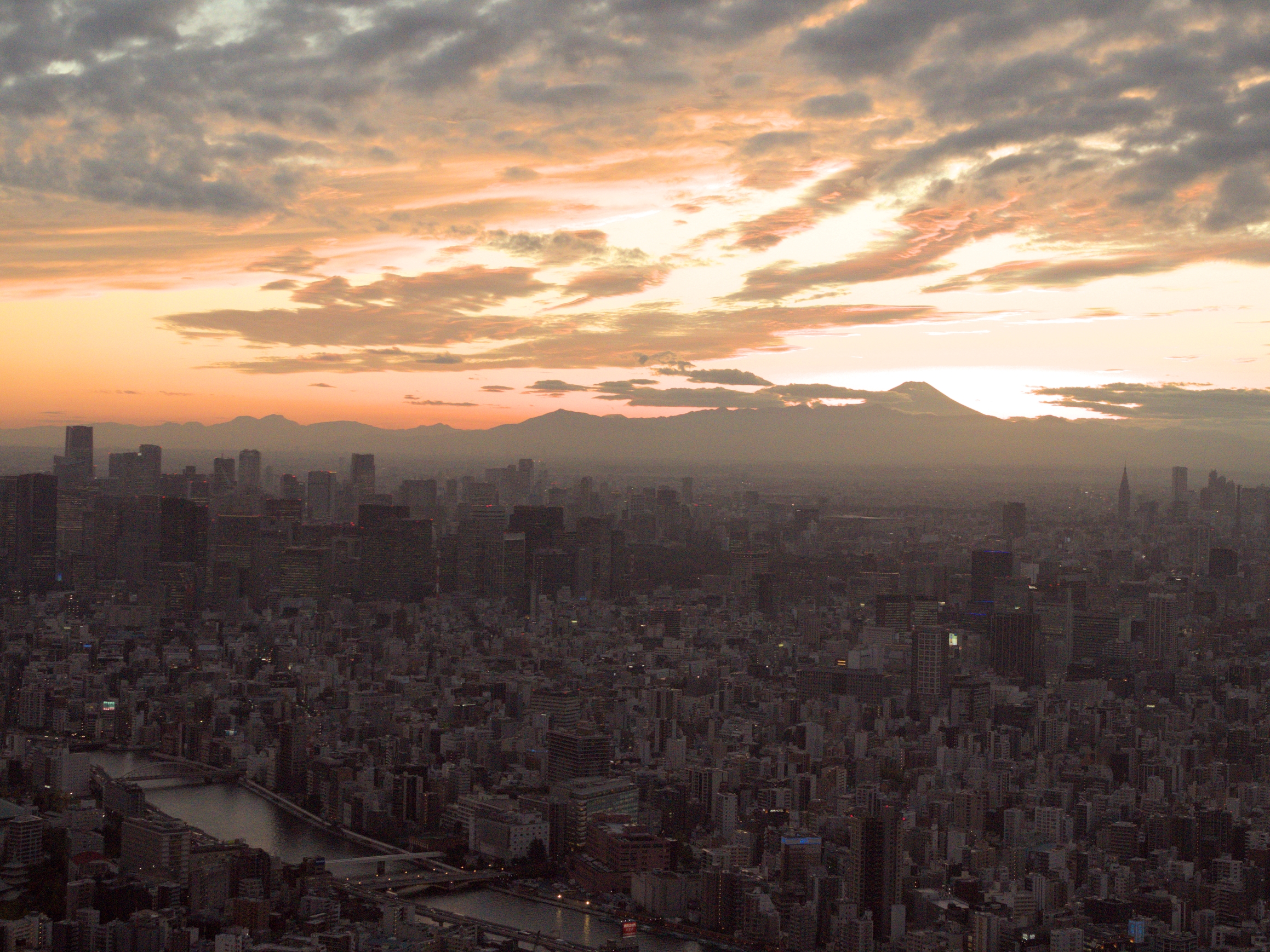 A photo of a city skyline, with the mountains and Mt Fuji visible.