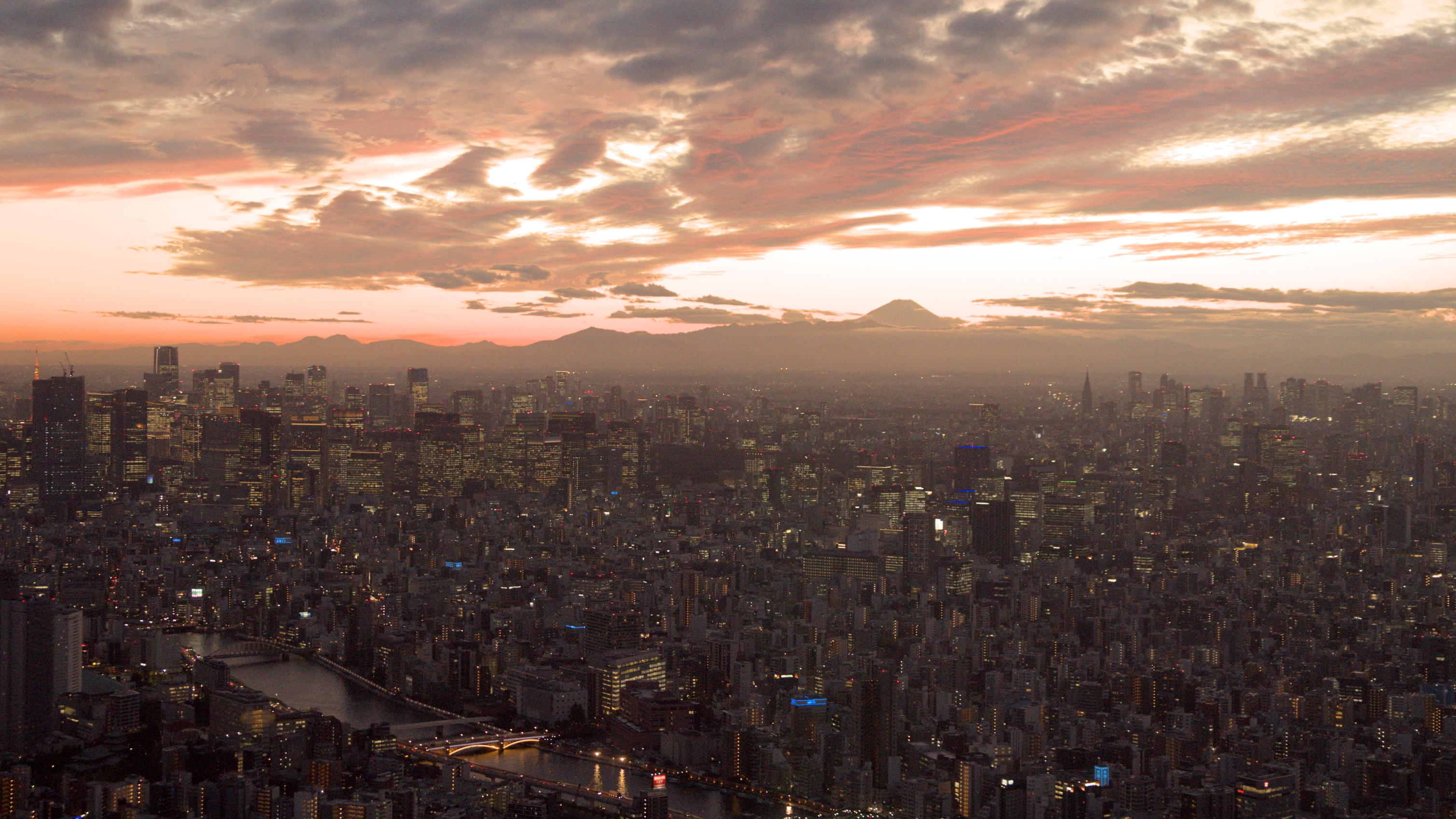 A photo of a city skyline, with the mountains and Mt Fuji visible.