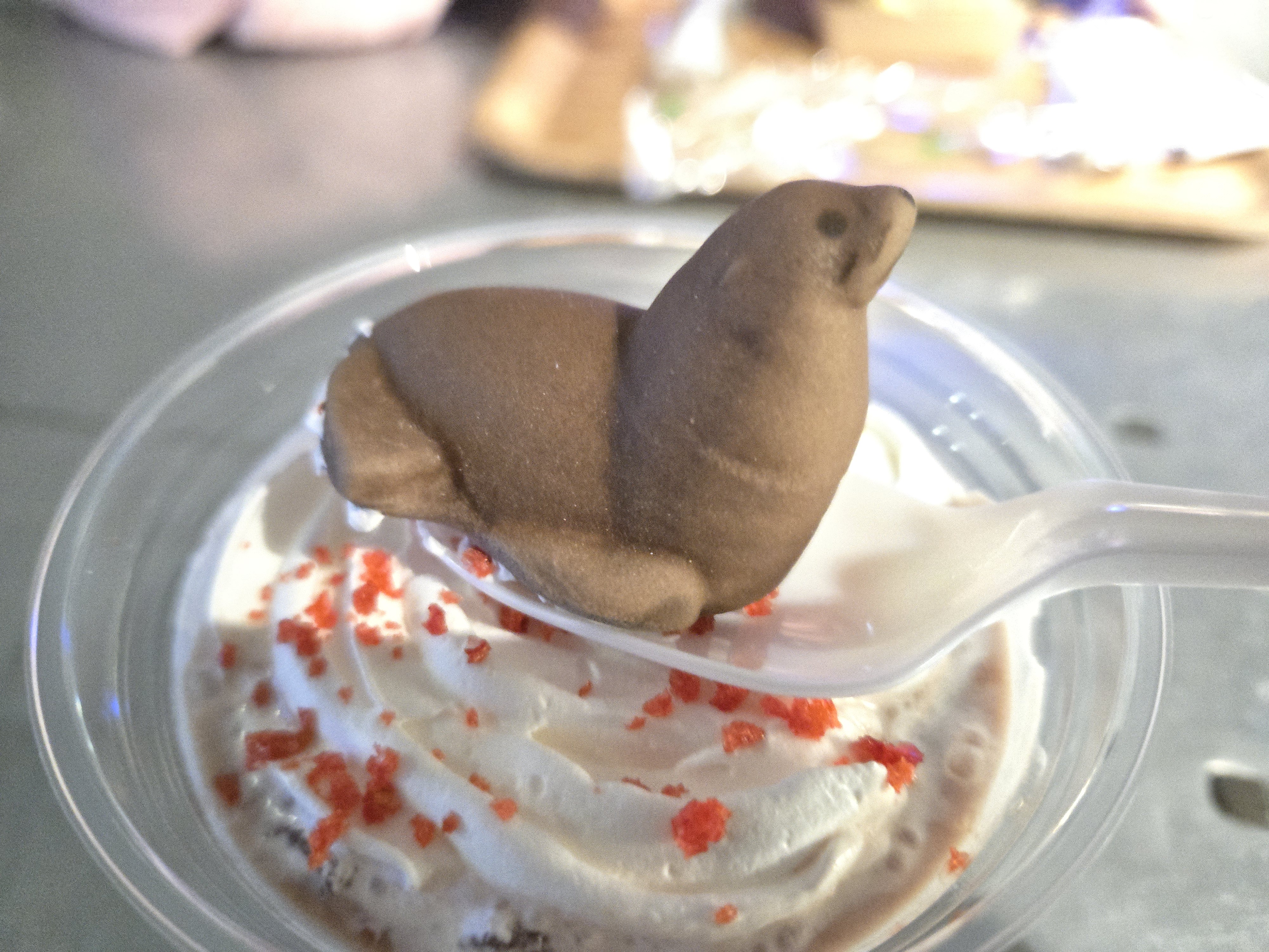A photo of an iced chocolate with a cute lil brown seal shaped marshmallow on top of it.