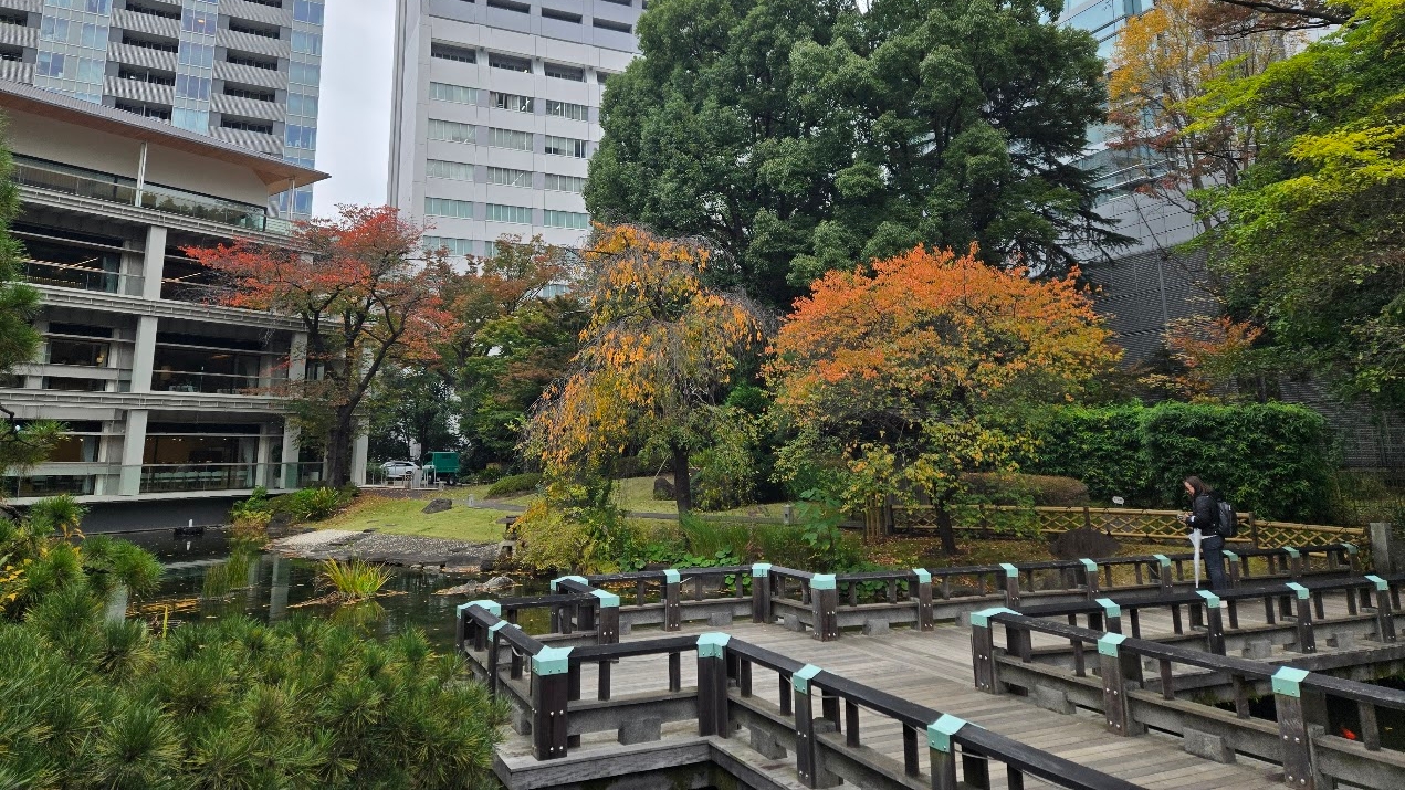 A photo of a pond, featuring a hotel in the background.