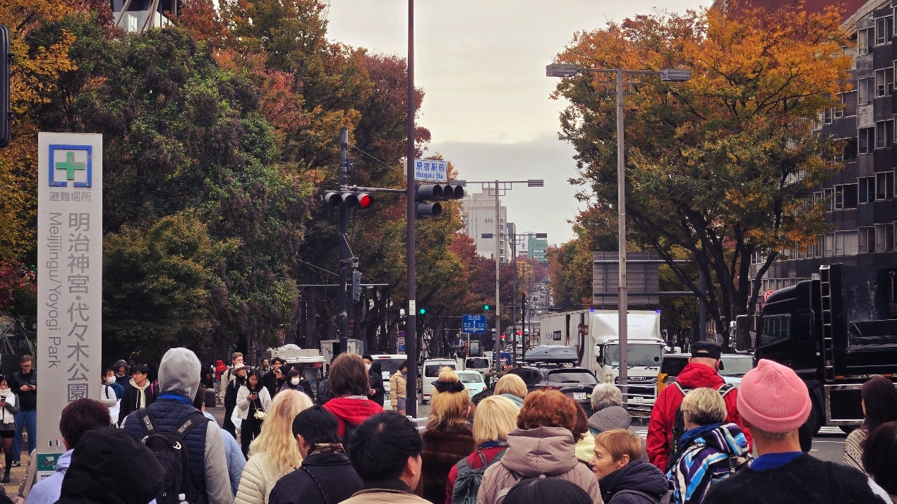 A photo of a crowd with a metro city background.