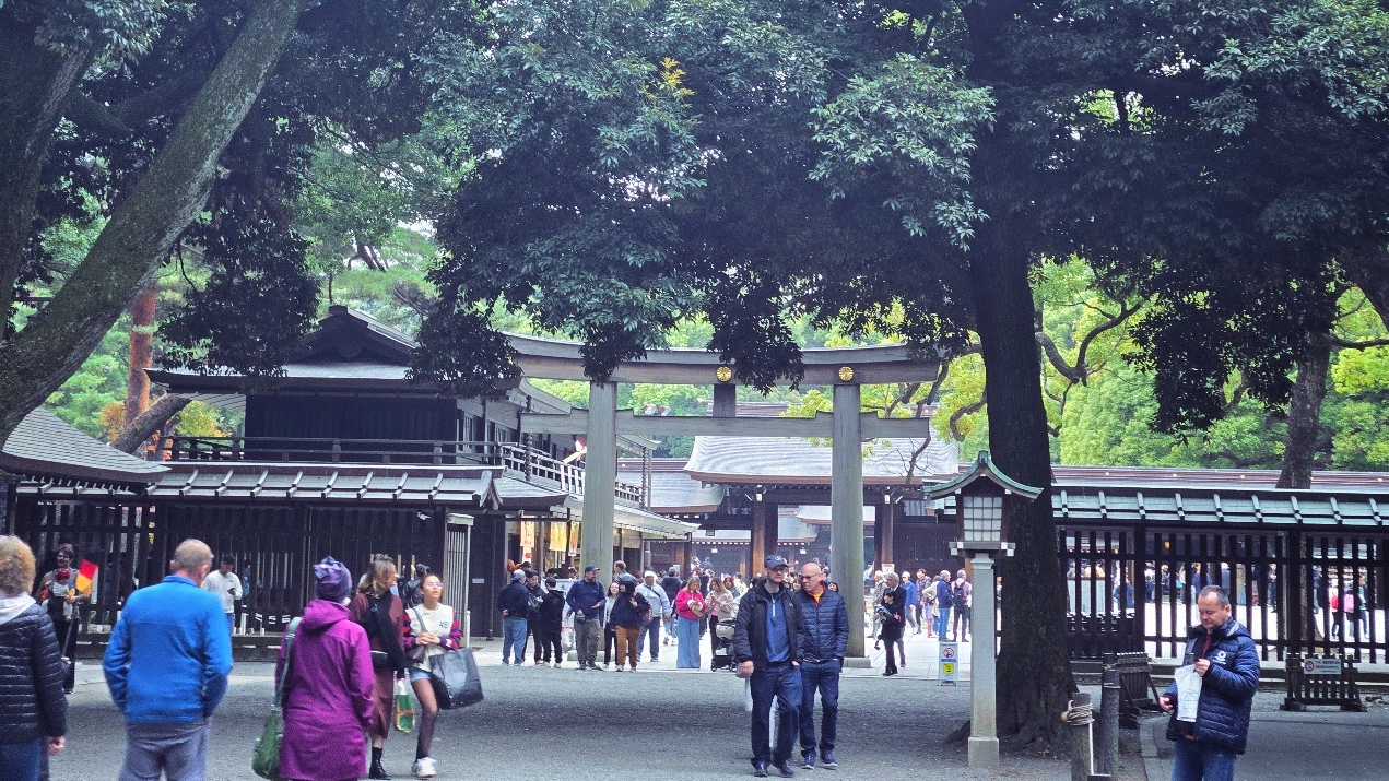 A photo of multiple layers of crowd, building, crowd, building, trees, and so on, as we look back upon the temple grounds.