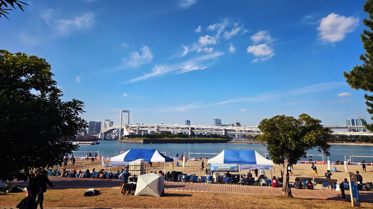 A photo of a crowd playing beach volleyball, overlooking the water.