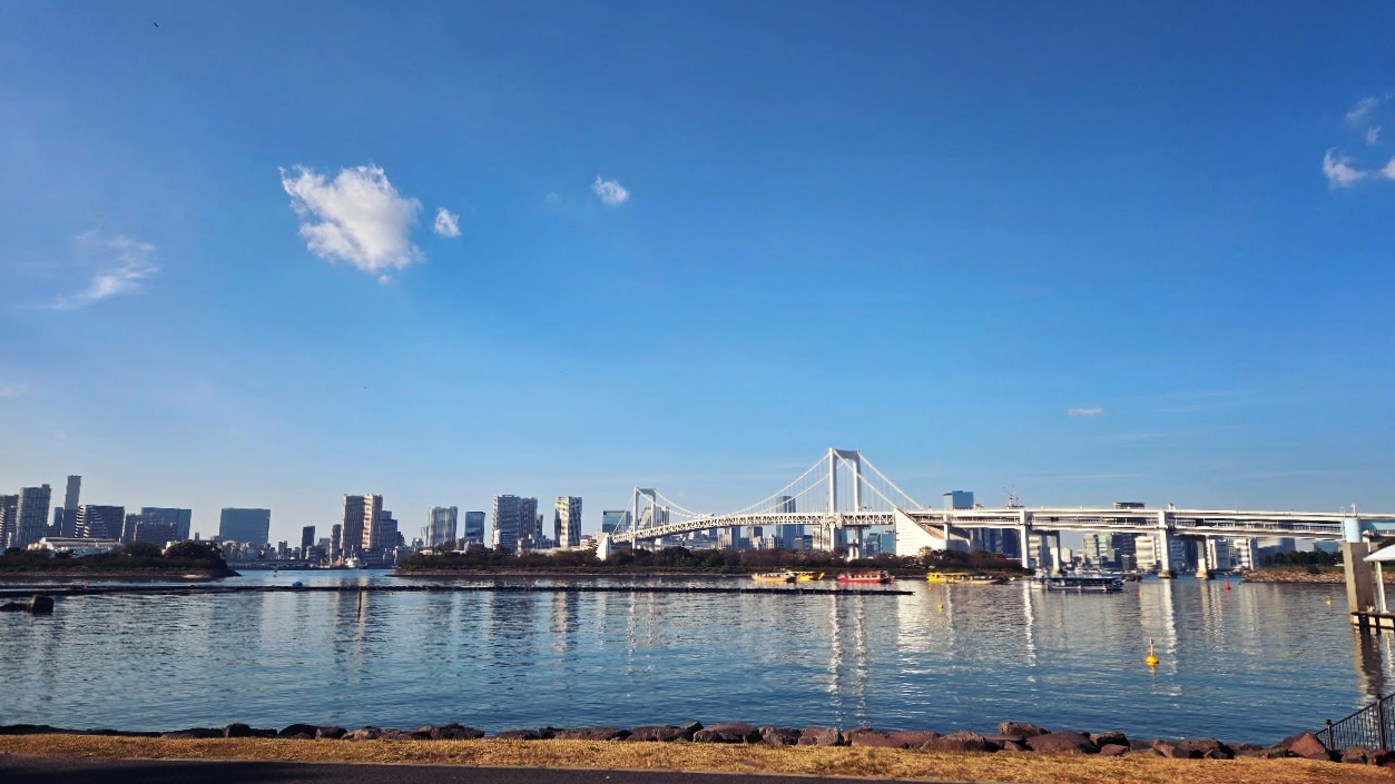 A photo of a view from the water's edge, showing a large white bridge spanning the water.