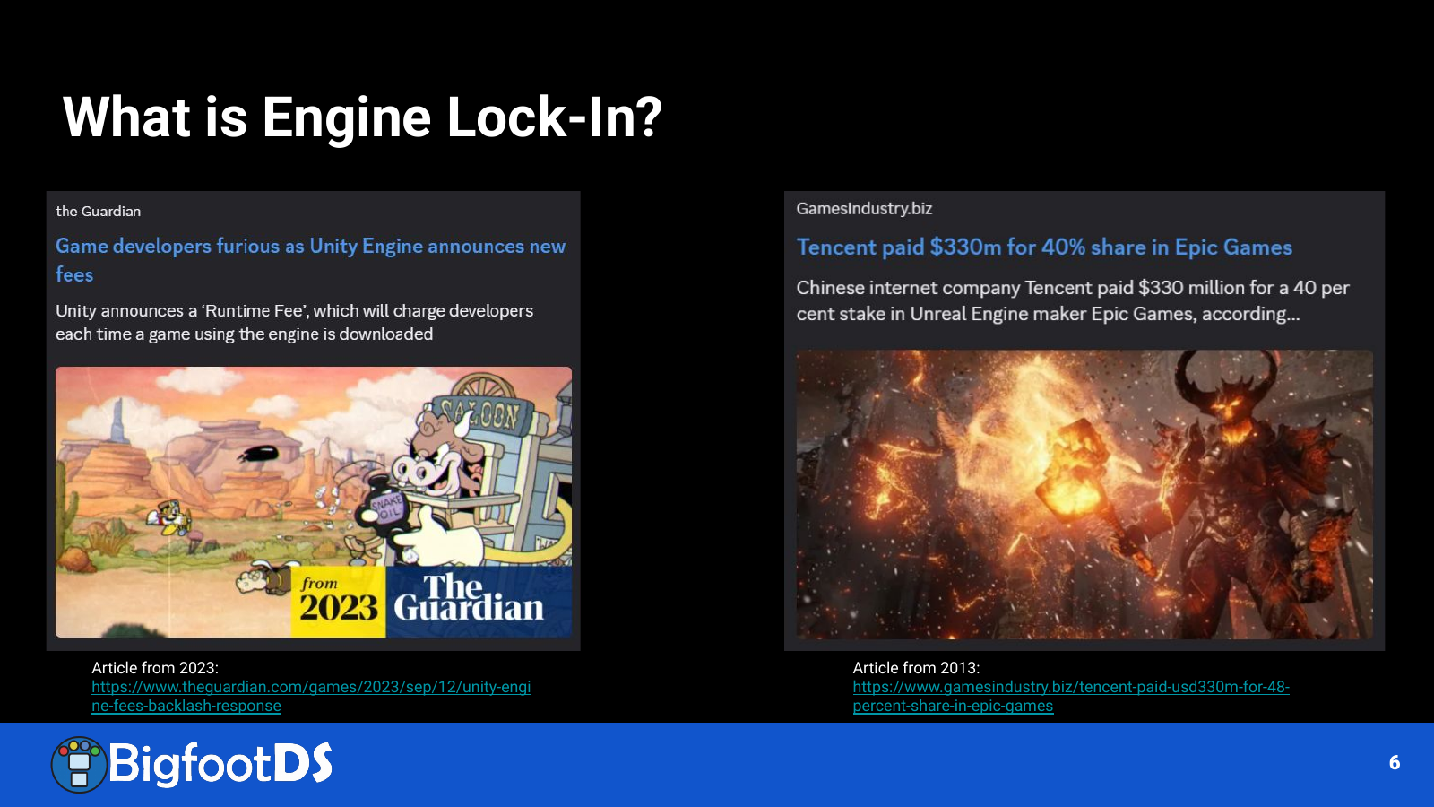 Slide showing the 2023 Unity Runtime Fee news and a 2013 report about Tencent investing in Epic Games.