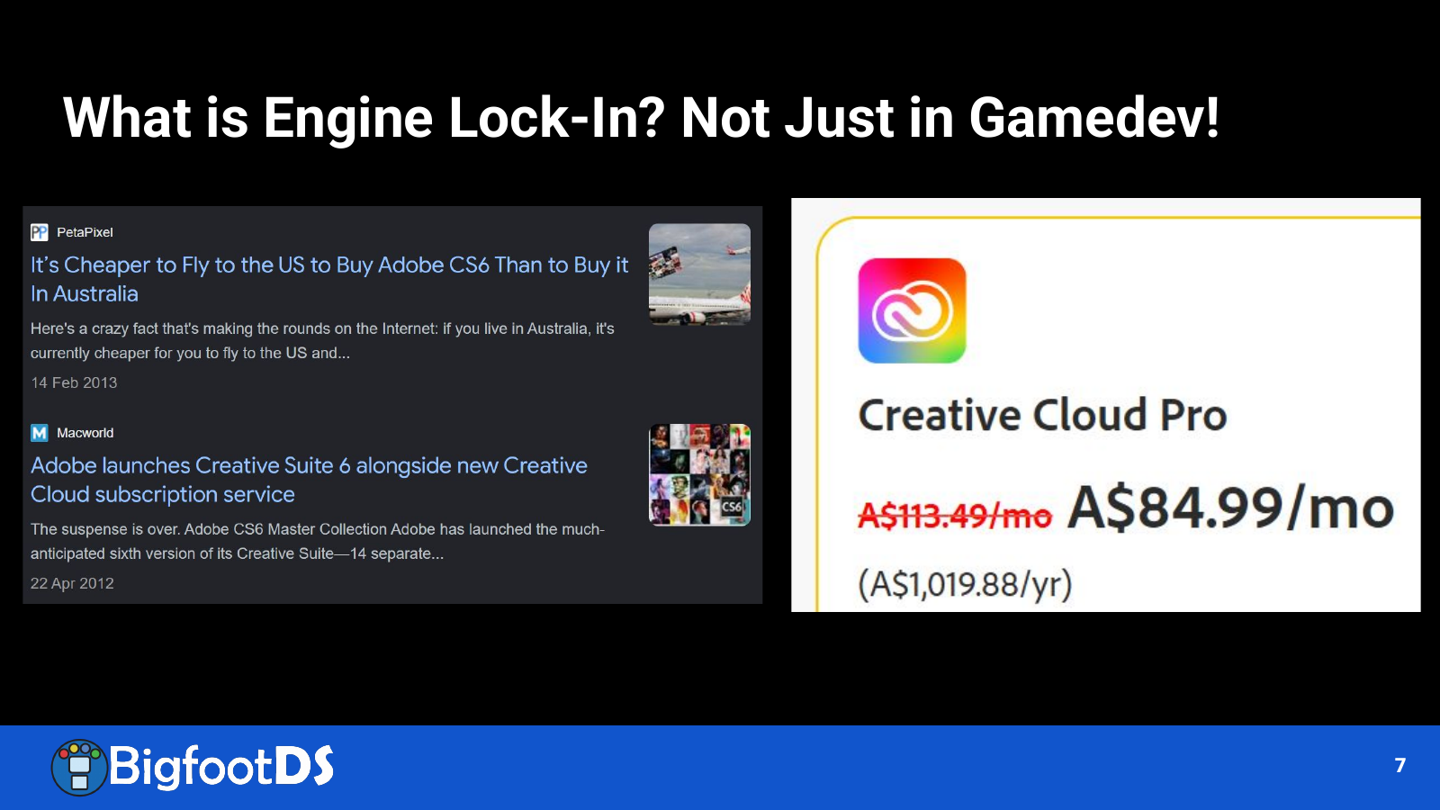 Slide comparing news about Adobe Creative Suite pricing with an Australian Creative Cloud subscription price screenshot.