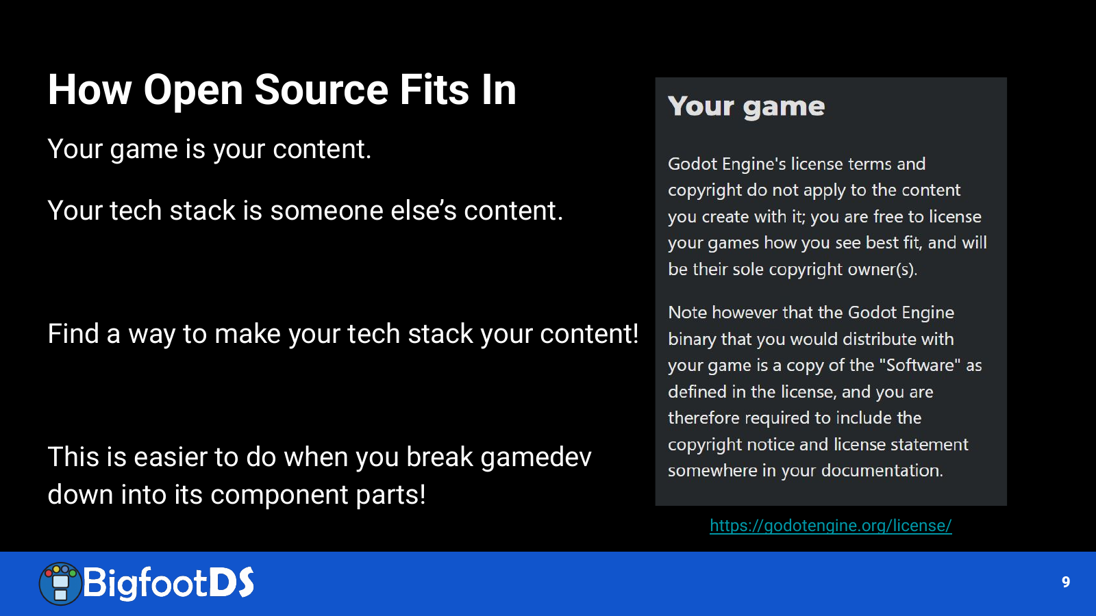 Slide explaining that your game and technology stack contain separate work, beside an excerpt from Godot licensing information.