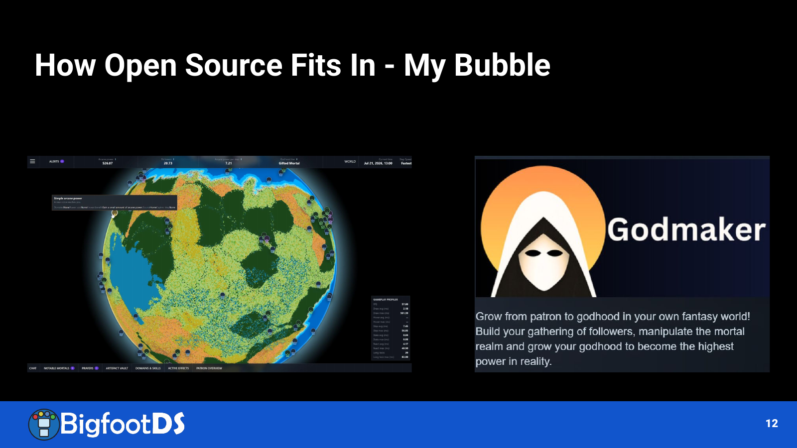 Slide showing a Godmaker world map screenshot and the Godmaker title artwork.