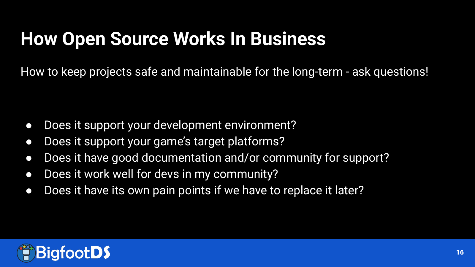 Slide listing development environment, target platform, documentation, community experience, and replacement cost questions.