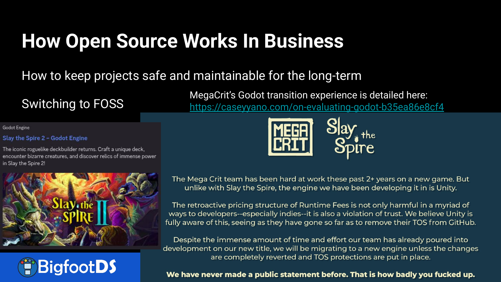 Slide showing Slay the Spire 2 in the Godot showcase and Mega Crit's statement about moving away from Unity.