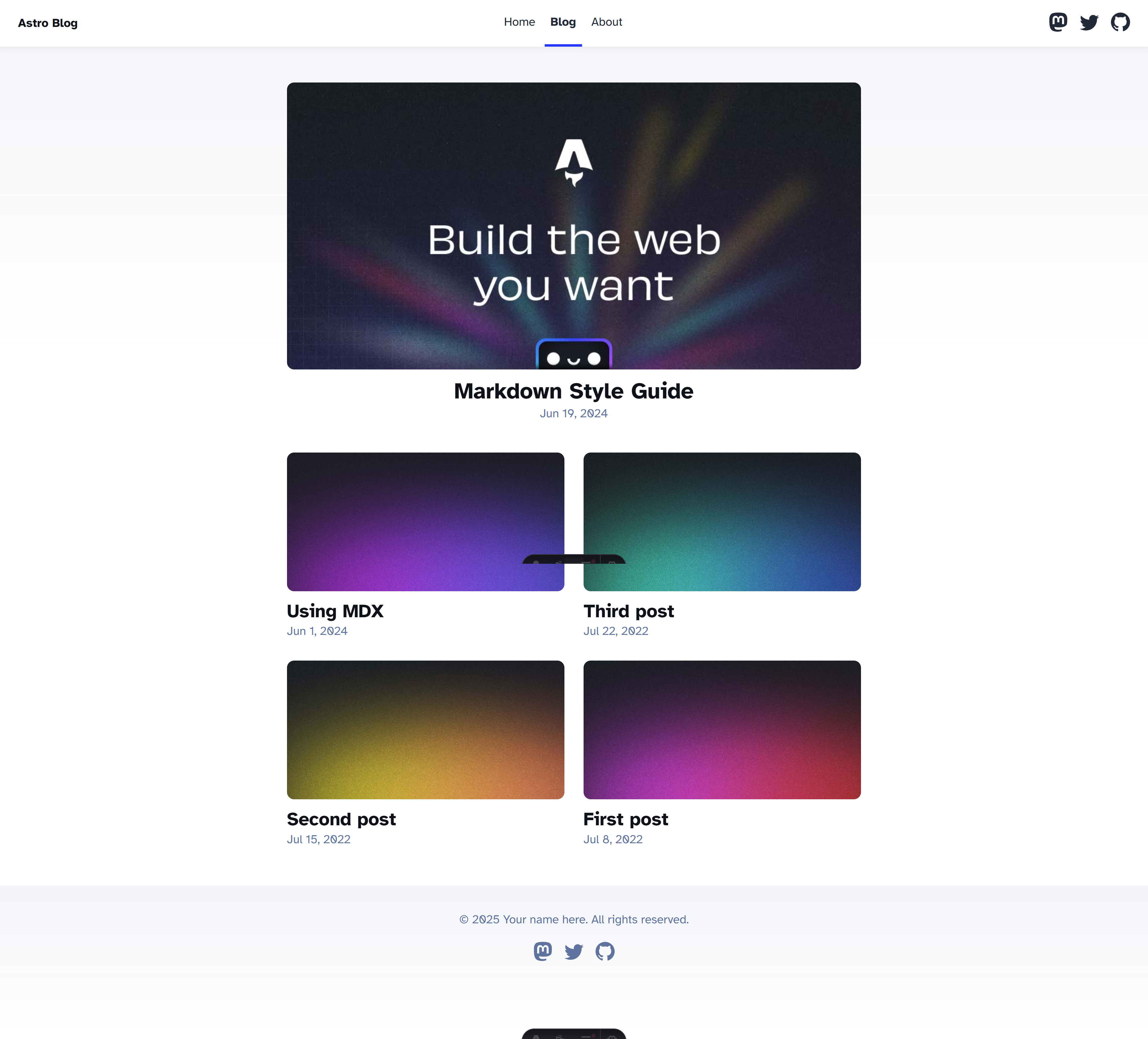 Screenshot showing an Astro project in the web browser, showing an index page listing multiple blog posts.