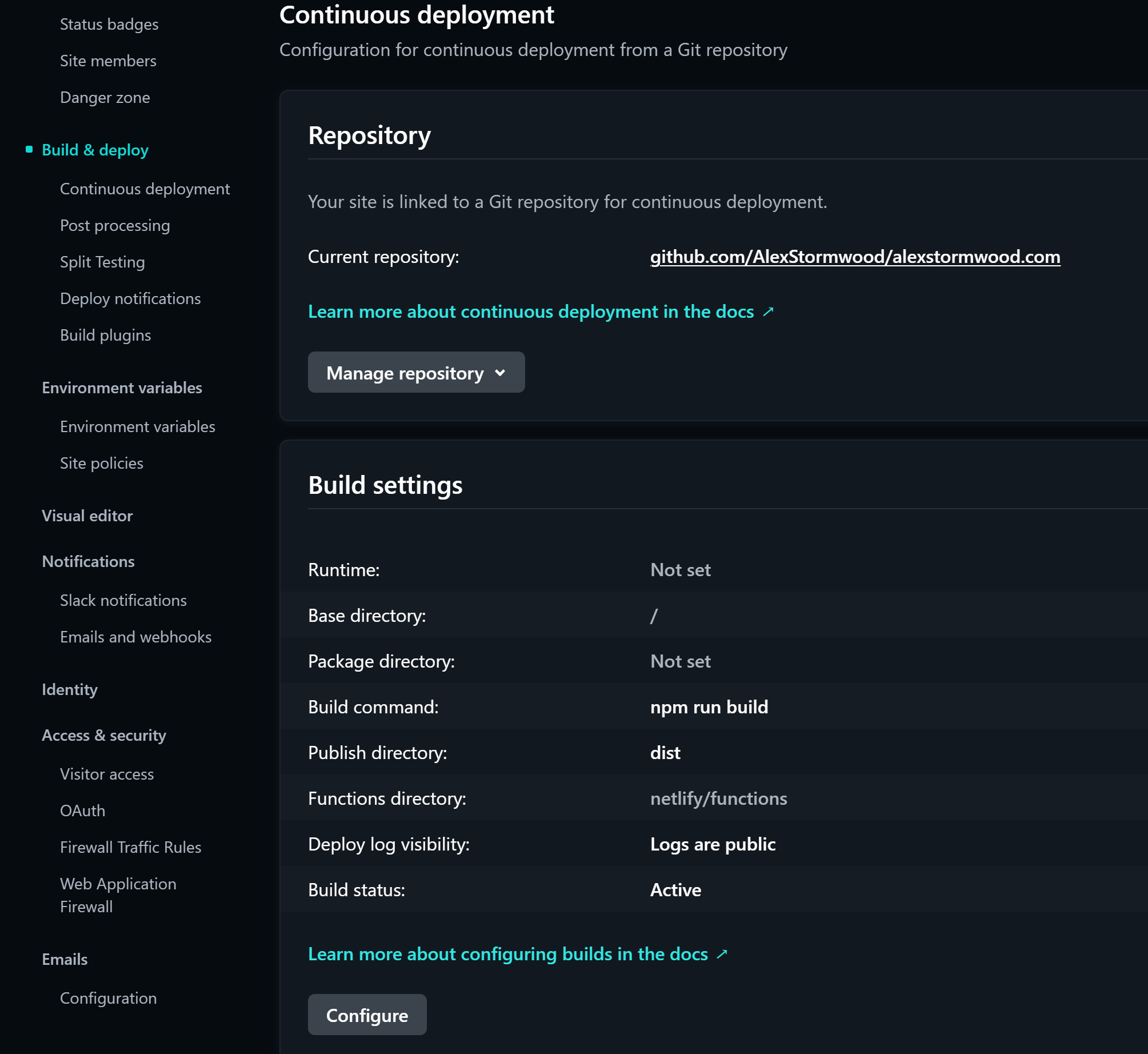 Screenshot showing a Netlify site settings page.