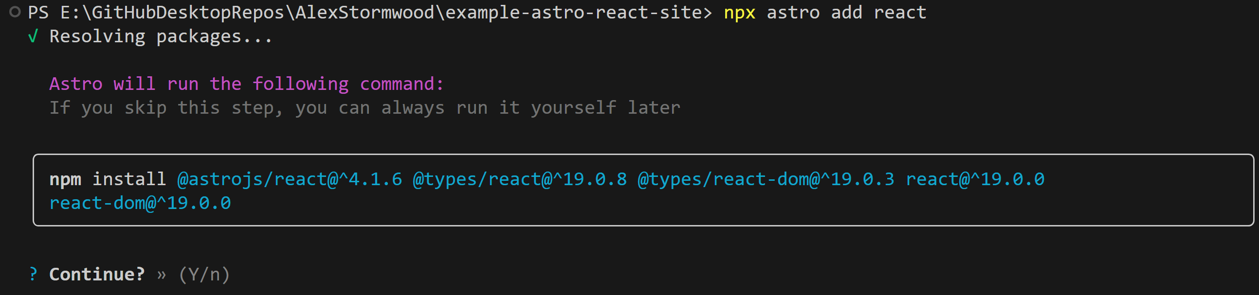 Screenshot showing a terminal of an Astro project, where Astro is asking for permission to install additional dependencies from NPM.