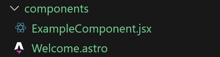 Screenshot showing a file explorer view of the Astro project, showing the components directory containing two files: a new 'ExampleComponent.jsx' and the pre-existing 'Welcome.astro' files.
