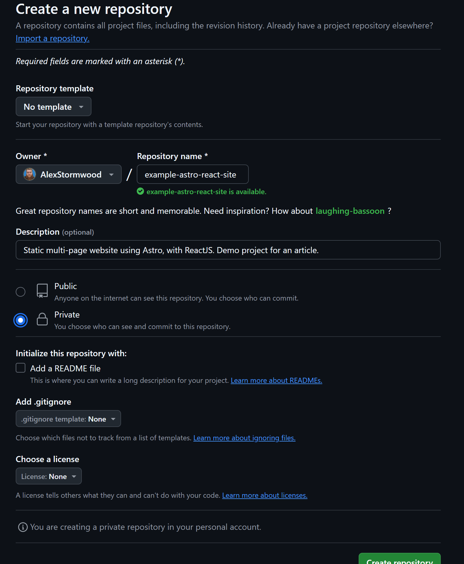 Screenshot from the GitHub website, showing the form to make a new repository