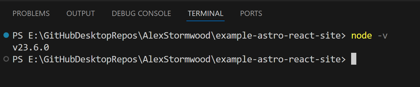 Screenshot from a terminal window showing that NodeJS is installed and the local repository for this project is open