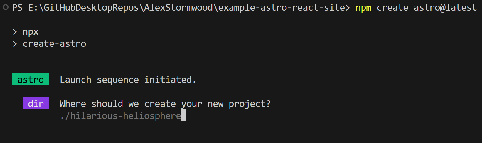 Screenshot from a terminal window showing an Astro project creation prompt creating a new subfolder.