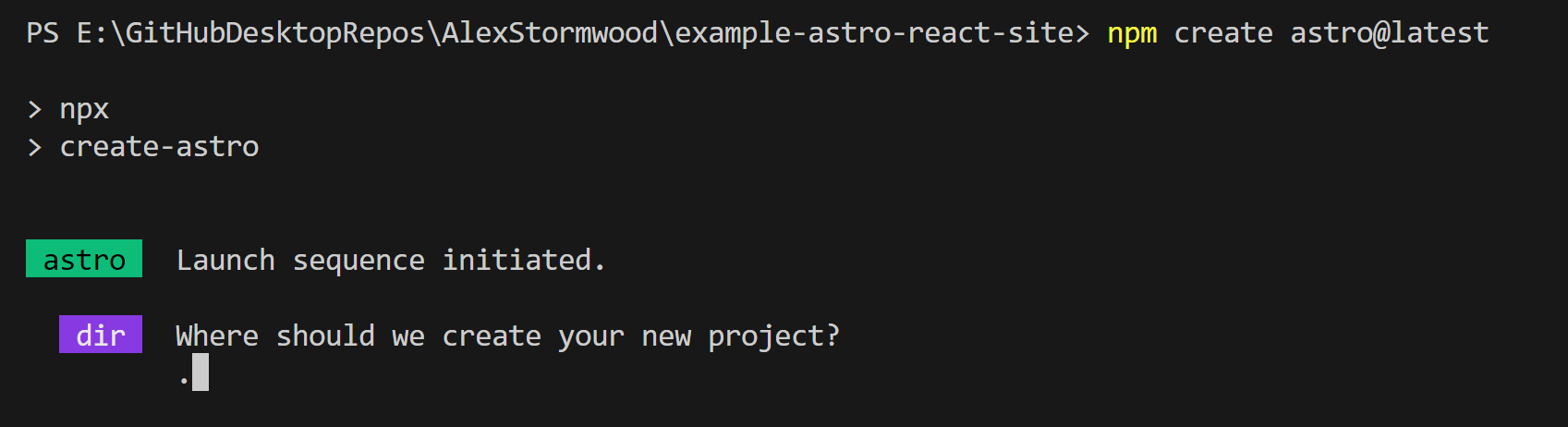 Screenshot from a terminal window showing an Astro project creation prompt creating a project in the current terminal directory, no subfolder!
