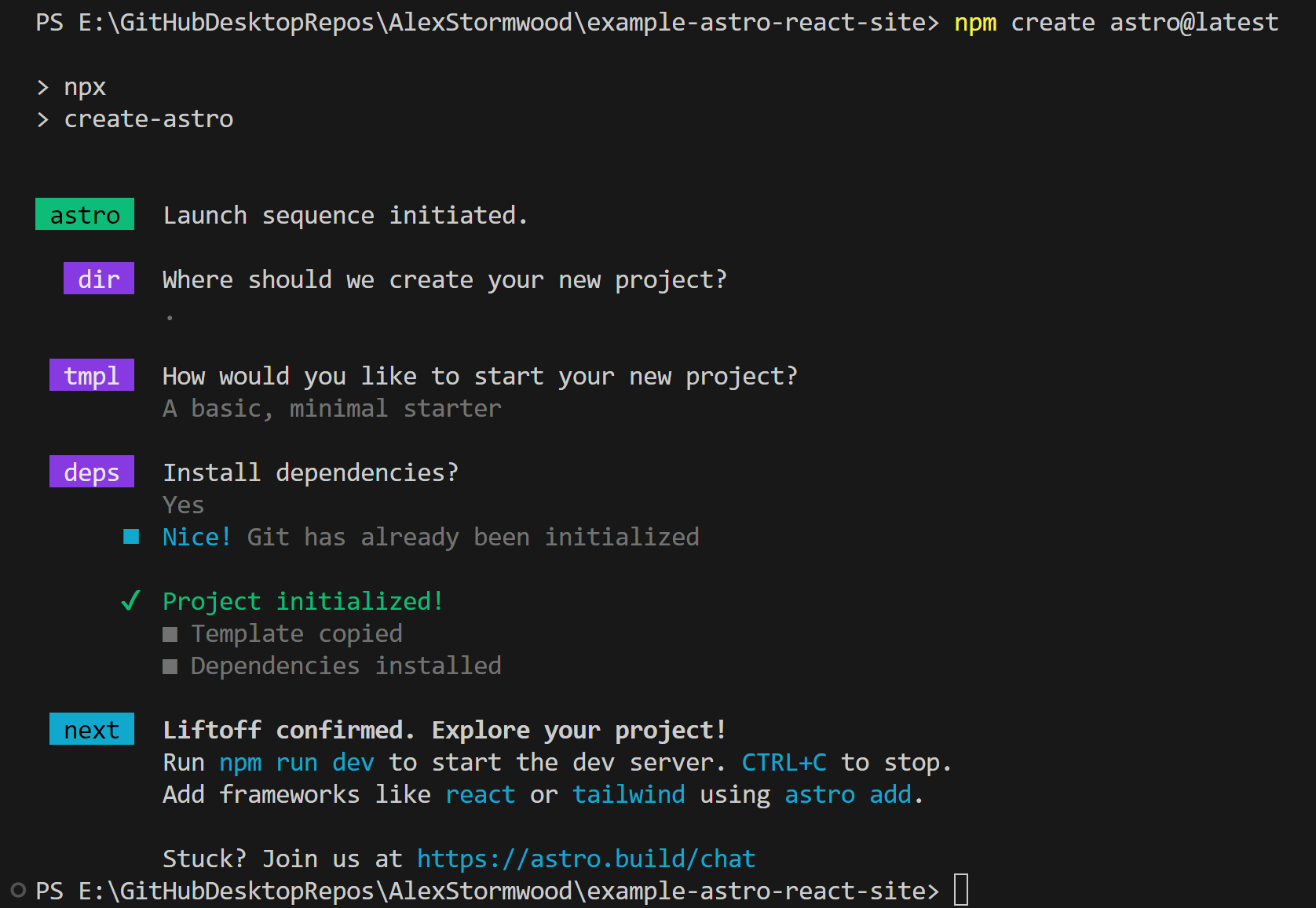Screenshot from a terminal window showing an Astro project creation prompt in its entirety.